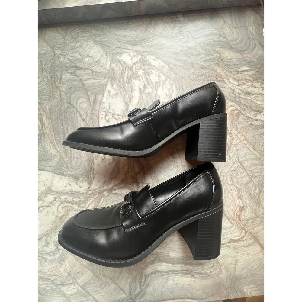 Marc Fisher Black Leather Horsebit Loafer Heels Womens 10M Block Chunky‎